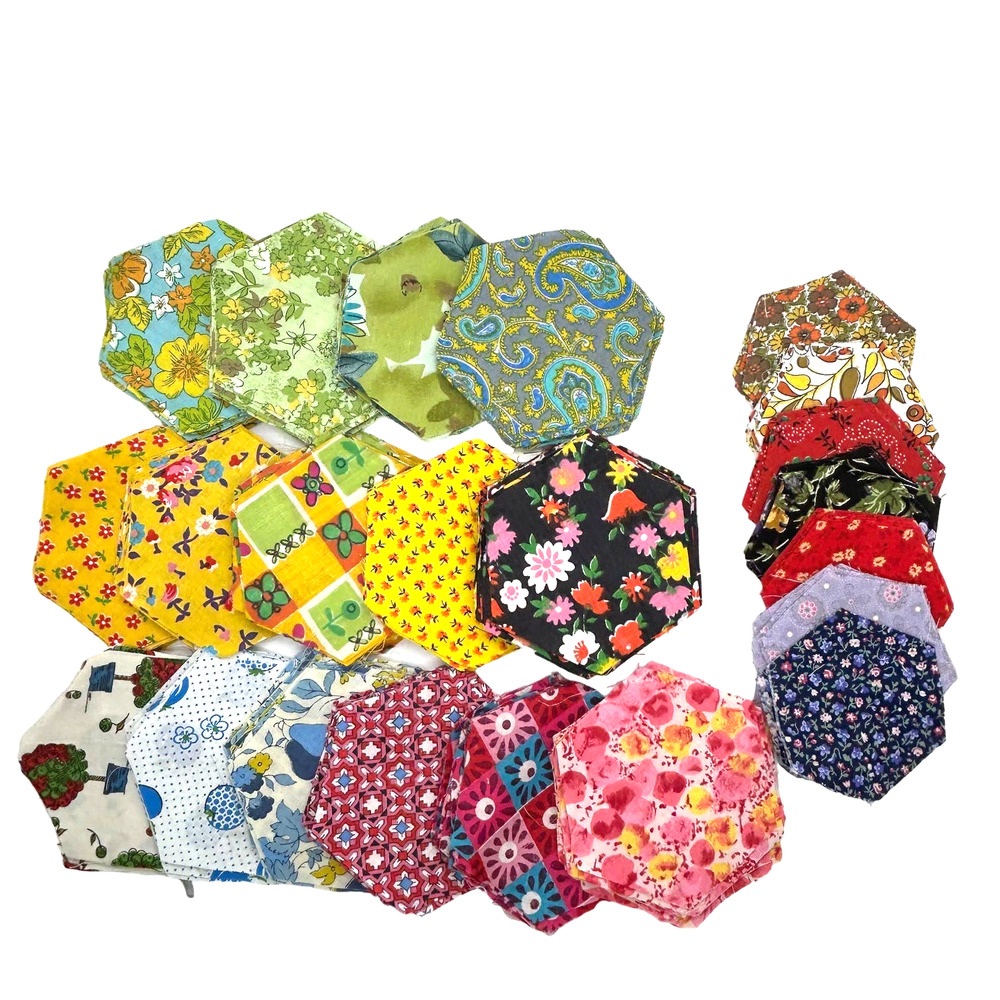 Vintage Fabric Pre‎ Cut Hexagon Shape Quilting Blocks Assorted Prints 369 Pieces